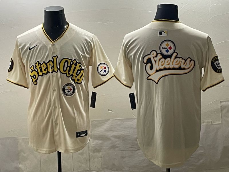 Men 2025 Nike Pittsburgh Steelers Blank Cream Limited NFL Jersey style 013